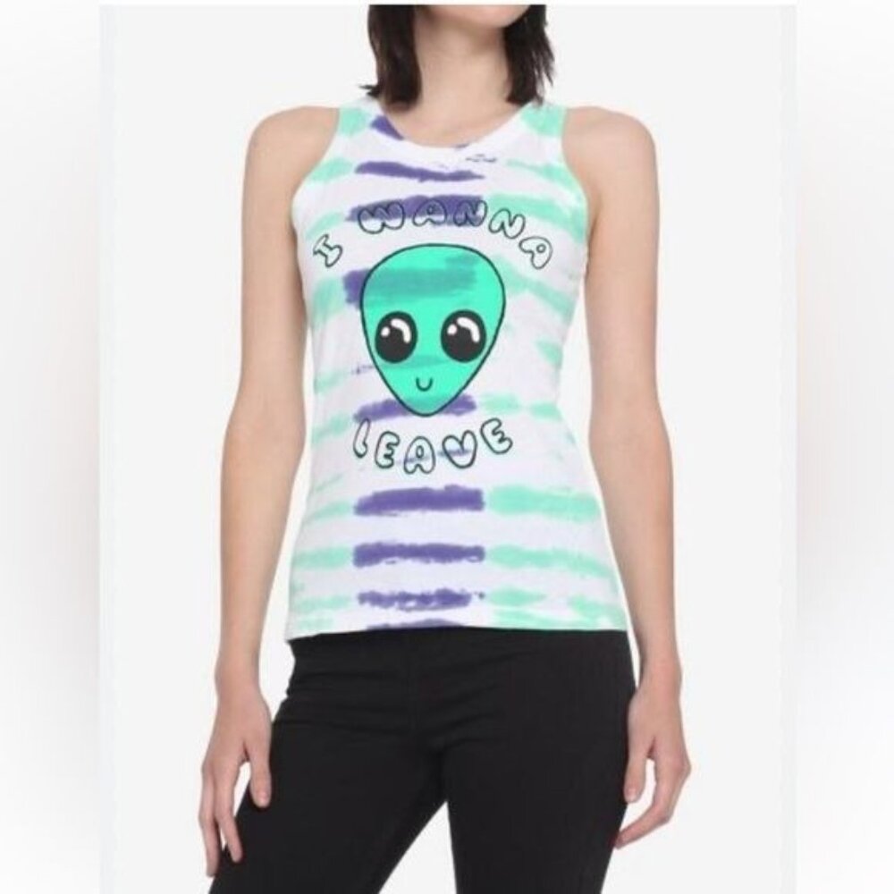 Black Matter Tie-Dye Tank Top "I Wanna Leave" Alien Print Womens XL 100% Cotton
